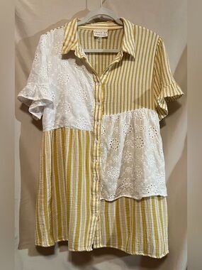 Dress Up Striped Eyelet Patchwork Button-Up Shirt Dress - Yellow & White Size L